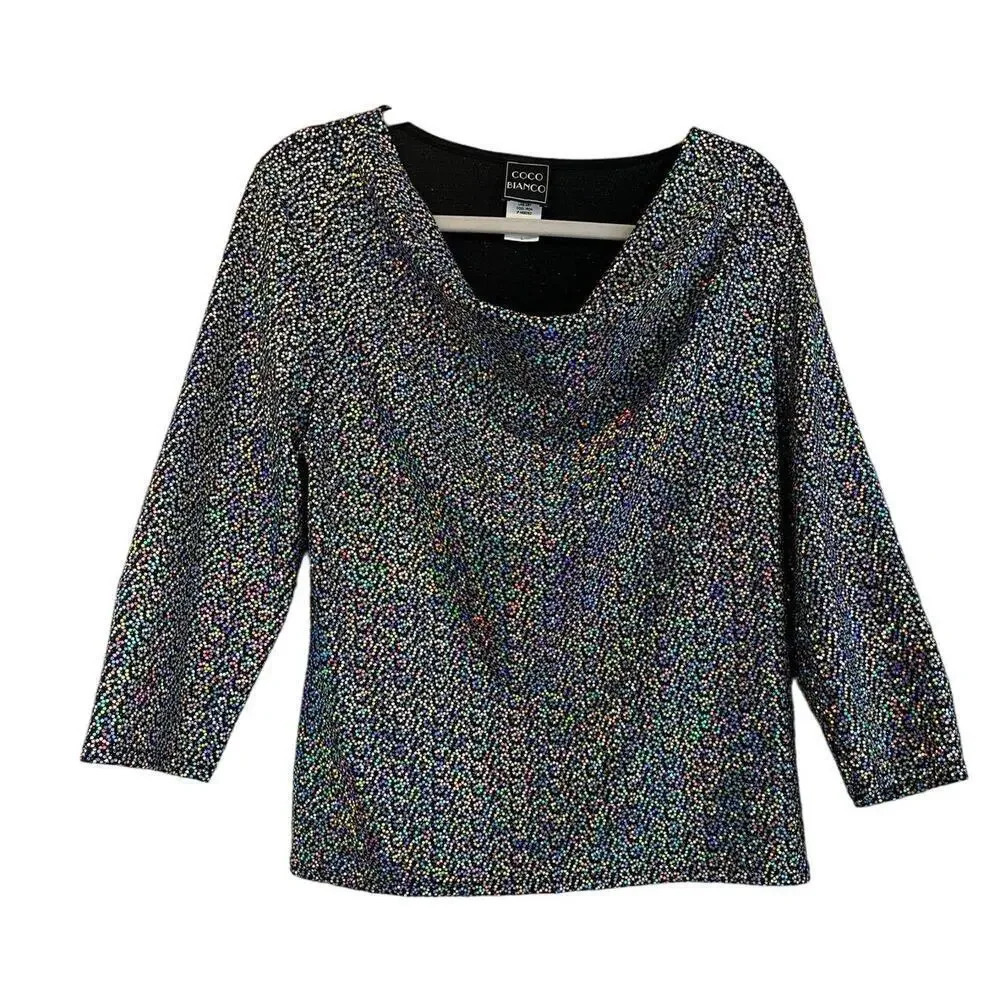 Coco Blanco Womens L Sequins Colorful Black Cowl Neck Blouse